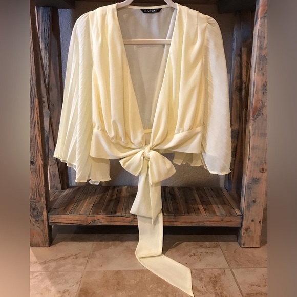 Accordion Bell Sleeve Deep V Multi Bow Tie Crop Warp Chiffon Blouse (S) - Picture 2 of 10